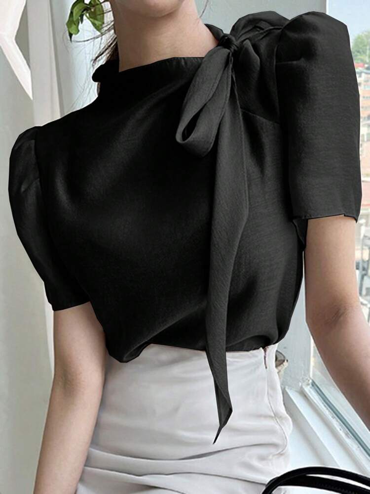 Women's Solid Color Tie Up Short Sleeve Minimalistic Casual Top