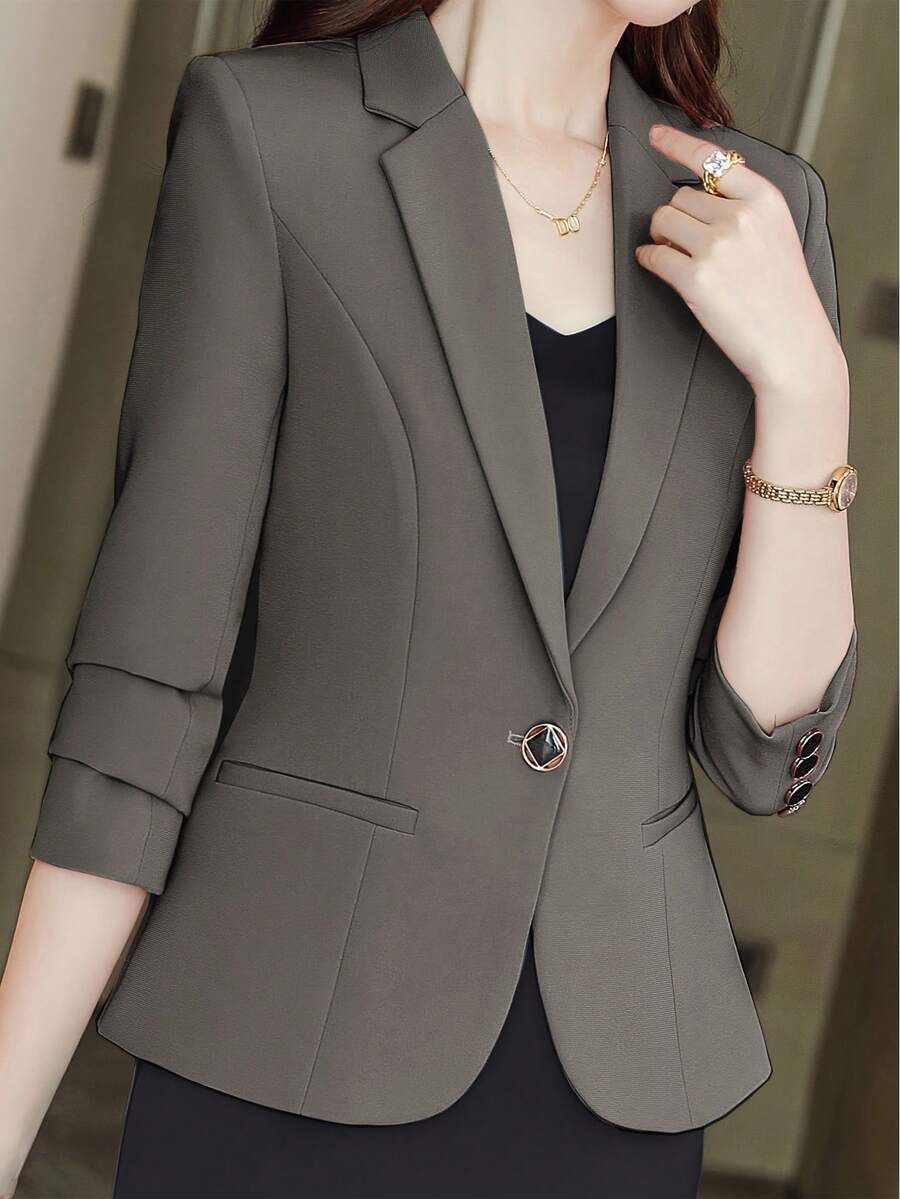 Women Plain Single-Breasted Elegant Suit Jacket - Dark Grey - View 1