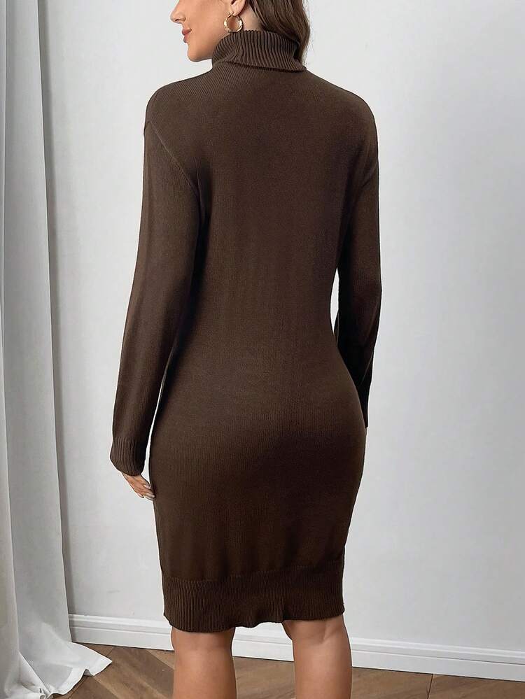 Women's Solid Color Cowl Neck Dropped Shoulder Long Sleeve Sweater Dress, Fall/Winter