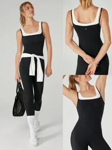 GLOWMODE 26 英寸 FeatherFit™ 二合一对比肩带连体衣，带侧袋，低冲击瑜伽日常可拆卸罩杯 - 黑色 - 查看 8