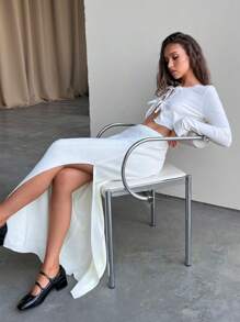 Aloruh 女式秋冬新款时尚性感侧高开叉修身低腰针织半身裙 - 杏色 - 查看 7