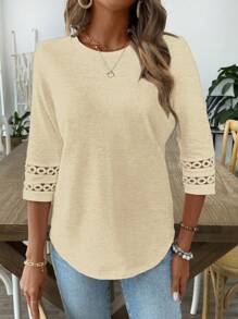 EMERY ROSE Plain Crew Neck Mid-Length Sleeve Casual T-Shirt - Apricot - View 4