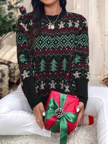 SHEIN LUNE Plus Size Ribbed Stripe Pocket Button Front Casual Woman Sweater For Christmas,Holiday Outfits,Country Tops