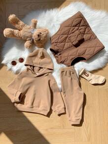 SHEIN Bộ 3 món áo nỉ ấm áp dễ thương đa năng cho bé trai và bé gái, áo hoodie, áo nỉ và quần dài, phù hợp cho hoạt động ngoài trời mùa thu/đông và trượt tuyết - Nhiều màu - Xem 7