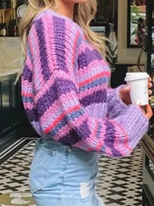 INAWLY Women's Casual Colorblock Striped Cropped Sweater, Spring Autumn
