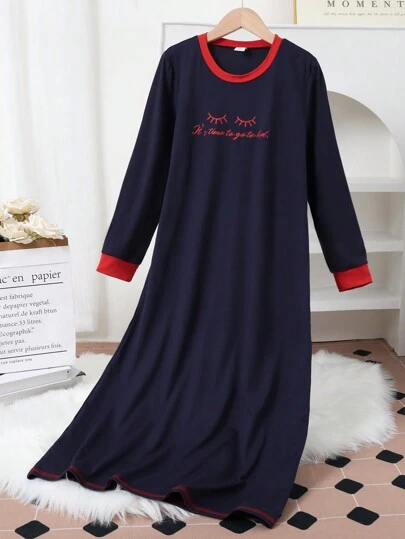 Tween Girl Casual Lash Print Colorblock Round Neck Long Sleeve Long Nightgown Pajama Home Dress