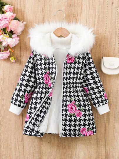 Elladie kids Unga flickor Mode Pläd Blommönster Detalj Tjock fleece Hooded Casual Ytterkläder