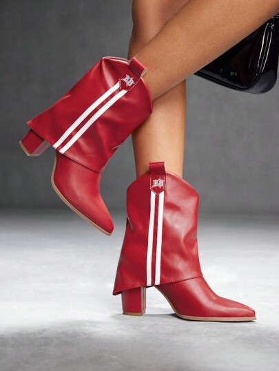 CUCCOO SZL Pointed Toe Thick Heel Red Slip-On Ankle Boots, Bicolor Ladies Booties Disco Party Baddie Spring Shoes Spring Break Easter