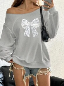 SHEIN EZwear 冬季蝴蝶结印花落肩运动衫 - 淺灰色 - 查看 1