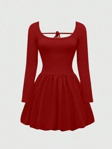 INAWLY Vestido mini de manga larga y cuello redondo de unicolor para mujer, primavera y verano