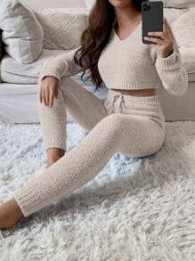 EMERY ROSE Bộ 2 áo len và váy trơn màu thường ngày, Thu/Đông - Màu be - Xem 5