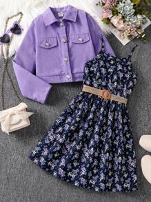SHEIN Vintaside Kids Conjunto de 2 peças para meninas pré-adolescentes: jaqueta de cor sólida e vestido floral ditsy, primavera outono