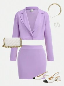 SHEIN 2pcs/Set Teen Girl Purple Lapel Crop Jacket & Mini Skirt Elegant Casual Outfit