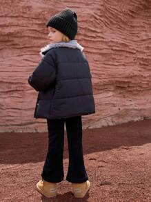 SHEIN Classic Black Padded Coat For Young Girl, With Contrast Purple Furry Lining Design To Add Vibrant Contrast, Combining Cute And Elegant Minimalist Sophistication, Suitable For Various Occasions, Suitable For Daily Casual Wear And Outdoor Travel, Fit For Autumn And Winter Seasons - Hot Pink - View 2