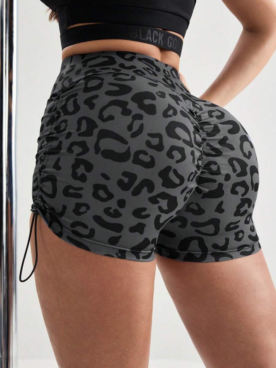 Menodora SHEIN Sport Quần short thể thao rút dây họa tiết da báo - màu đen - Xem 1