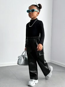 Young Girl Plain Color Elastic Waist PU Leather Utility Pockets Loose Casual Pants - Black - View 6