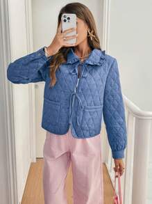 SHEIN Frenchy 1 件女式纯色前系带口袋长袖休闲夹棉外套