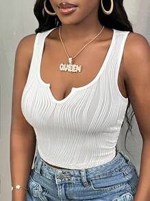 Slaydiva 夏季新款 U 领 V 形开衩无袖背心，聚拢修身波浪纹针织白色面料女式双面背心 - 白色 - 查看 3