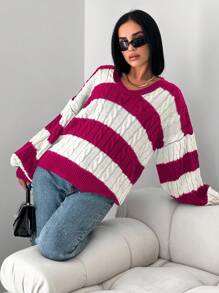 RueChic 女式棉质拼色针织毛衣，休闲风格，秋冬 - 玫紅色 - 查看 3