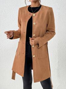 Chiquease Women's Round Neck Long Sleeve Single Breasted Casual Pockets Loose Regular Coat For Fall & Winter - Brown - View 5