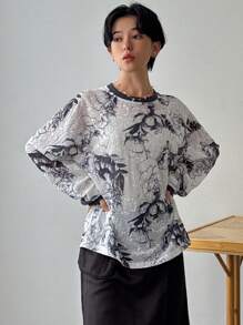 FRIFUL Camiseta holgada de cuello redondo con rayas de color contrastante para mujer - Negro - Ver 4