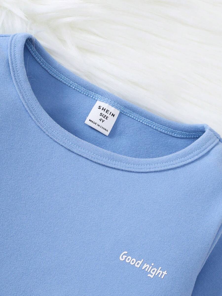 2pcs Young Boy Blue Letter Print Thermal Underwear Pajama Set, Fleece