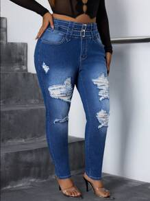 Slaydiva Plus Size Elastic Denim Skinny Ripped Jeggings - Dark Wash - View 6