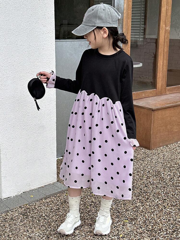 Tween Girl Colorblock Round Neck Long Sleeve Dress, Fall,Back To School Clothes