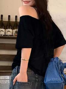 INAWLY Women's Solid Color Off-Shoulder Short Sleeve Casual T-Shirt For Summer