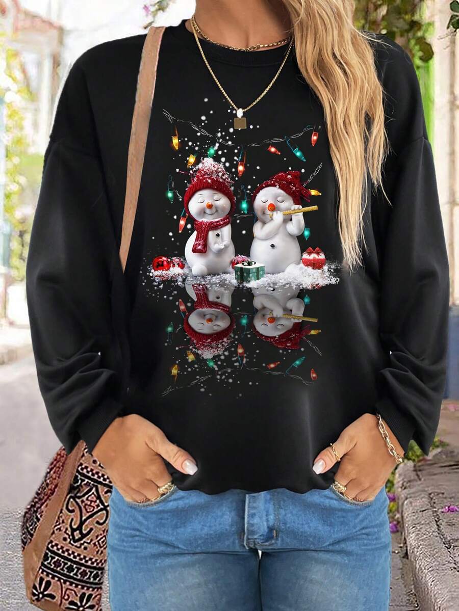 SHEIN LUNE Áo nỉ dài tay cổ tròn in hình người tuyết 3D đơn giản, thoải mái, vừa vặn, dày, dành cho nữ, phù hợp cho mùa thu và mùa đông - màu đen - Xem 1