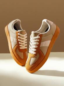 CUCCOO EASI Women's Fashion Retro Casual Athletic Sneakers With Geometric Design, Lace-Up Round Toe Low-Top Slip-On Skateboard Shoes, Suitable For Daily Life, Vacation, And All-Season Wear Fall Tainers