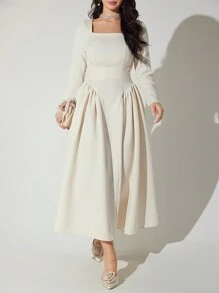 Modelyn 女士纯色方领长袖褶皱长款优雅连衣裙，春秋长款晚礼服 - 杏色 - 查看 7