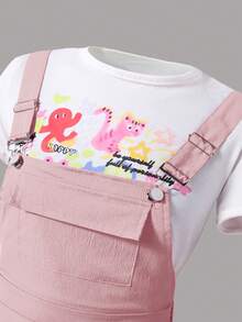 Bộ 2 áo phông in hình Graffiti dễ thương cho bé gái tuổi teen và quần yếm, trang phục thường ngày mùa hè - Bụi hồng - Xem 8