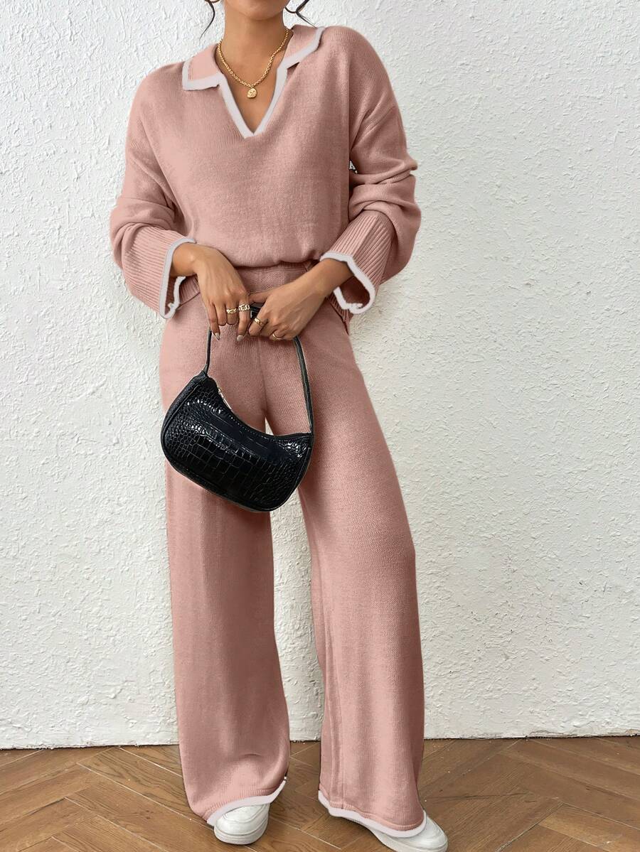 Bộ đồ thể thao nữ Joy Knit gồm áo len cổ chữ V dáng rộng, vai rớt, viền tương phản và quần ống rộng màu hồng. - Hồng - Xem 1