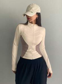 DAZY Women's Contrast Color Zip Front Fitted Jacket, Spring Autumn - Apricot - View 3