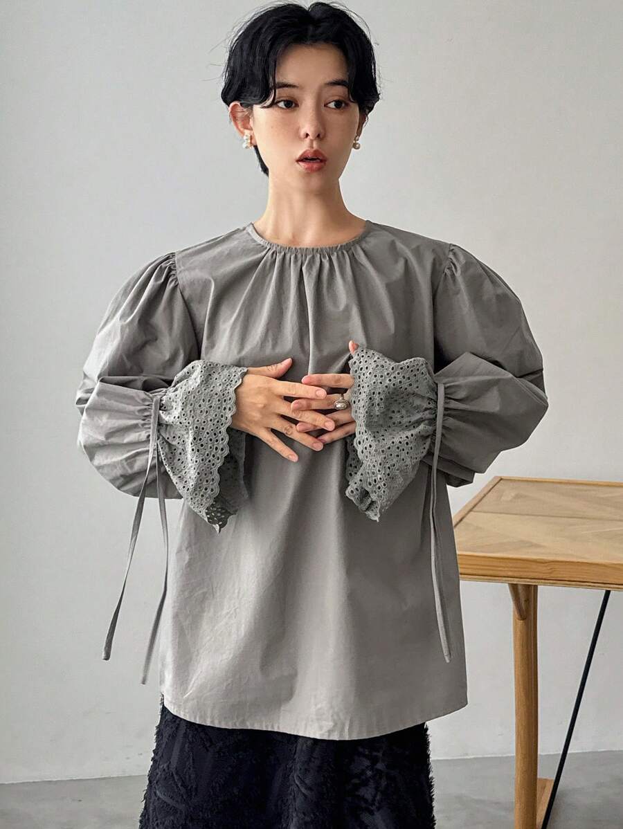 FRIFUL Women Simple Solid Color Block Round Collar Long Sleeve Casual Shirt,Ruffle,Fall Clothes - Grey - View 1