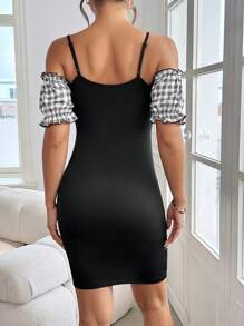 Chiquease 女士格子露肩短袖修身连衣裙（随机剪裁），夏季