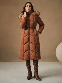 Anewsta Long Brown Thicken Detachable Fluffy Collar Belt Waisted Double Zipper Padded Coat
