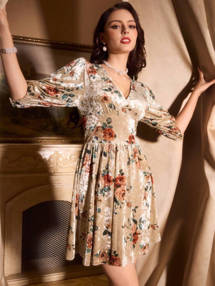 Vintamour 复古优雅女士天鹅绒褶皱 3/4 袖 A 字裙，杏色花卉印花优雅女士带袖连衣裙秋季女士连衣裙正式礼服返校节连衣裙短款派对女士连衣裙感恩节连衣裙飞来波连衣裙舞会连衣裙优雅女士连衣裙女神服装花卉女装音乐会女士服装性感派对连衣裙