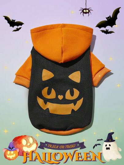 PETSIN 1pc Pet's Halloween Cute Expression Orange-Black Contrast Fleece Hoodie, Warm Sweatshirt For Cat & Dog
