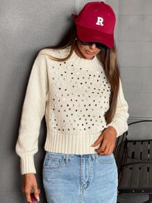 Femmeiva Women's Loose Sequined Pullover Sweater, Autumn/Winter, Knit Pullover Fall - Beige - View 6