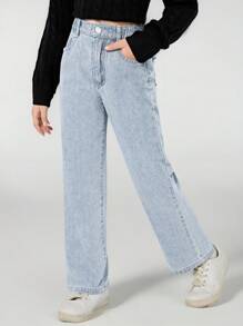 SHEIN 少女Y2K街头风日常弹力腰直筒牛仔裤，带平口袋，适合日常、上学、校园、大学暑假穿着。 - 淺色水洗藍 - 查看 3