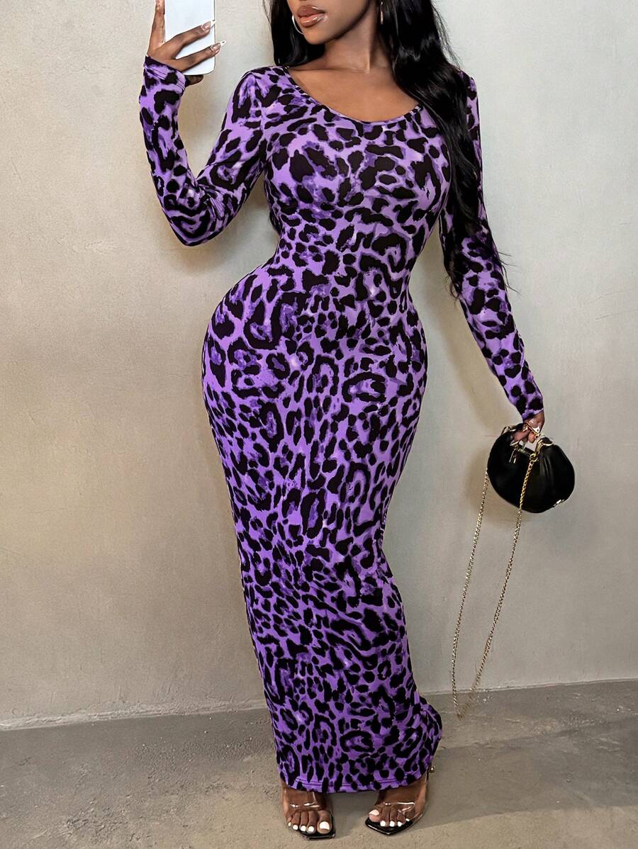 SHEIN SXY 豹纹紧身长裙，适合春夏季假期优雅约会夜派对性感波西米亚风动物印花豹纹连衣裙