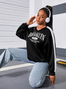 SHEIN Teen Girl Metal Silver & Black Patchwork Print Knit Sweatshirt