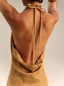 Suede Paisley Print O Ring Detail Cowl Neck Halter Mini Dress - Brown - View 7