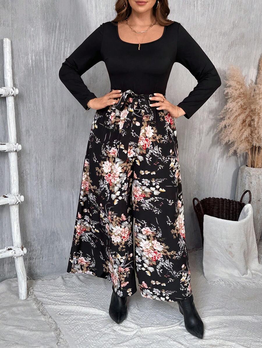 SHEIN VCAY Plus Size Autumn Winter Fashion New Arrival, French Style Contrast Floral Print Jumpsuit, Fashion , Knit, Woven, Party, Back To School - Multicolor - View 1