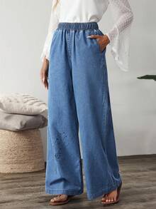 SHEIN LUNE Quần Jeans Ống Rộng Co Giãn In Hình Hoa Bồ Công Anh Cho Nữ, Dáng Rộng, Cạp Cao Co Giãn - Màu xanh lam - Xem 3