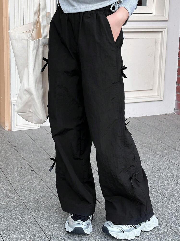 Tween Girl Solid Color Bow Decor Pocket Simple Casual Pants