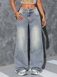 SHEIN ICON Women's Pocket Loose Wide-Leg Casual Versatile Denim Pants - Light Wash - View 1