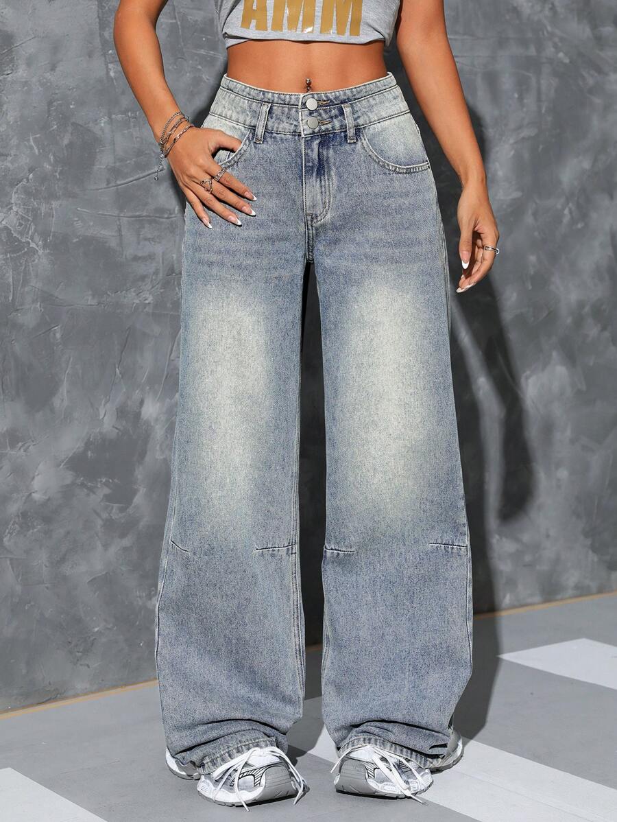 SHEIN ICON Women's Pocket Loose Wide-Leg Casual Versatile Denim Pants - Light Wash - View 1